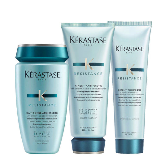 Kerastase Resistance Set: Shampoo, Balsamo, Termoprotettore per Capelli Danneggiati